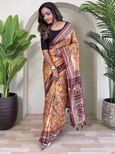 Marvelous Orange Pichwai Printed Viscose Casual Wear Saree
